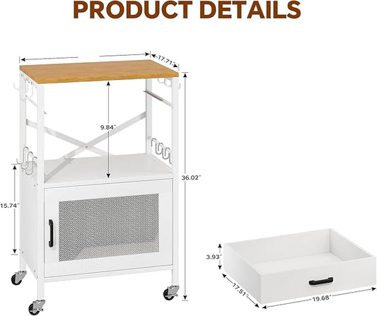 Homeiju Kitchen Island Cart, Kitchen Storage Cart with Drawer, Microwaves Stand, Coffee Cart, Rolling Kitchen Cabinet Cart with Hooks for Kitchen, Dining Room, White