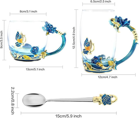 1 Set Coffee Cup Tea Mug with Spoon Set Handmade Enamel Butterfly Flower for Women Man,Father's Day, Mother's Day, Valentine's Day gifts (2 Pack)