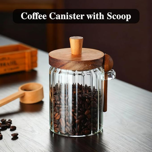 Coffee Canister, Coffee Container with Wooden Spoon and Lid, Ribbed Design, Airtight Storage Jar for Coffee Beans/Coffee Grounds/Sugar/Salt/Loose Leaf Tea, 20 Oz
