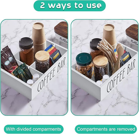 ALELION White Coffee Station Organizer - Wood Countertop Accessories Organizer with Removable Dividers for Pods Condiment Syrup Tea Cups Stirrers
