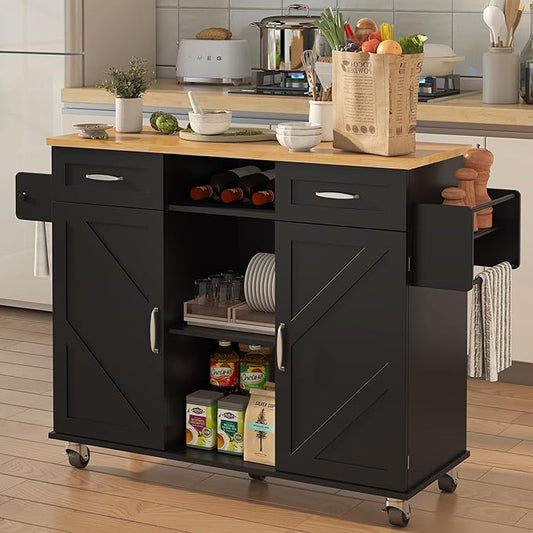 51.5'' Rolling Kitchen Island with Storage Cabinet & Drawers, Drop Leaf Kitchen Cart on Wheels, Farmhouse Portable Mobile Islands, Large Butcher Block Table with Tower/Spice Rack, Black