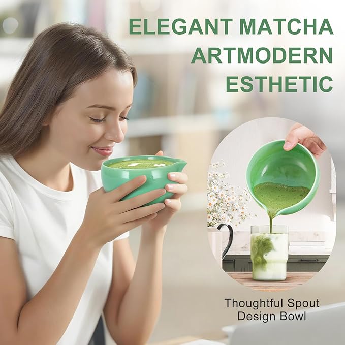 Matcha Whisk Set 5 Pcs, 18OZ Matcha Bowl With Thoughtful Spout, 100% Natural Bamboo Whisk, Ceramic Whisks Holder, 304 Stainless Sifter, Tea Scoop, Tea Spoon, Gift for Matcha Lovers Beginner