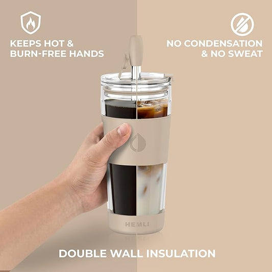 19 oz. Clear Double Wall Glass Coffee Tumbler, To Go Glass Travel Mug with Lid and Straw, Reusable Cup Tea, Smoothies, Ice Coffee, and Boba (White Biege)