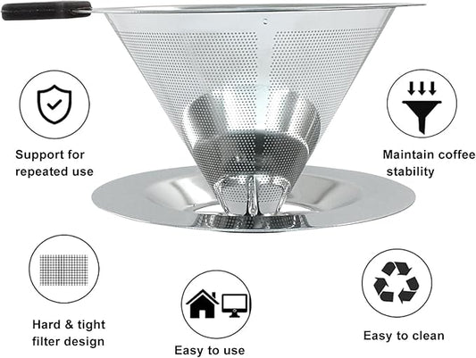 Waziaqoc Pour Over Coffee Dripper, Reusable Paperless Coffee Filter for 1-2 Cups, Stainless Steel Drip Cone Brew Coffee Strainer,Upgraded Double Micro Mesh Filter with Cup Stand