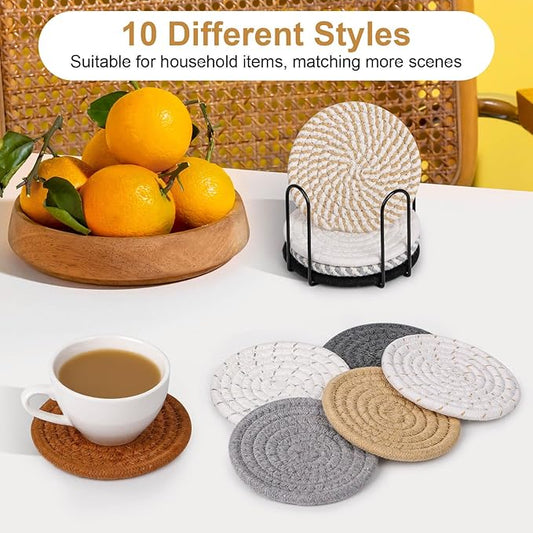 Billbotk 10 Pieces Coasters for Drinks, 10 Colors Absorbent Drink Coasters with Holder, Table Coaster Set for Home Decor, Apartment Decor Aesthetic, Living Room Essentials, 4.3 Inches