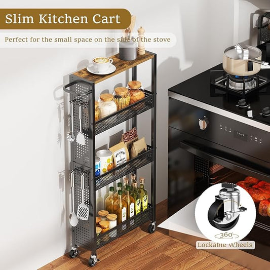 Utility Slim Storage Cart 4 Tier Small Rolling Kitchen Laundry Room Organization Cart with Wood Top Metal Narrow Laundry Room Shelves Cabinet Unit Laundry Organizer Trolley with Handle for Small space
