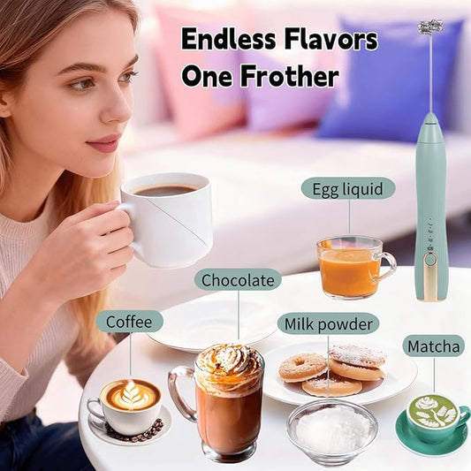 Rechargeable Milk Frother Handheld,Kitchen Essentials Hand Mixer with 3 Stainless Whisks Heads,Electric Whisk Frother for Latte, Cappuccino,Matcha, Egg, Milk Powder,with Stand (green)