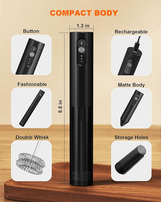 Rechargeable Milk Frother With Cover, Handheld 3-Speed Coffee Frother, Dual Spring Whisk Electric Frother Wand For Coffee, Latte, Cappuccino, Frappe Drink, Hot Chocolate, Black