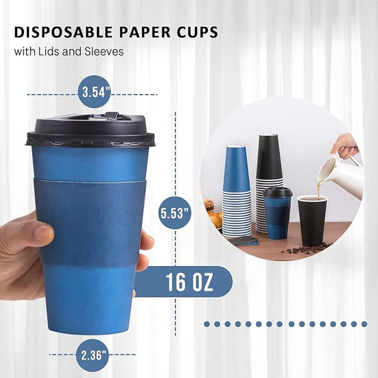 SIUQ 500 Pack 16 oz Disposable Coffee Cups with Lids and Sleeves, To Go Paper Cups, Hot & Cold Drinking Cups for Tea, Coffee, Water, Hot Chocolate, Paper Coffee Cups Ideal for Home,Cafes,Store