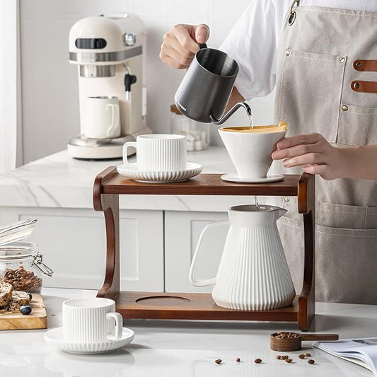 22OZ Pour Over Coffee Maker Set with Acacia Wood Stand and 5oz Cups&Saucers Set of 2, Ceramic White Cream V60 Pour Over Coffee Dripper Set for Home Café Restaurant Camping