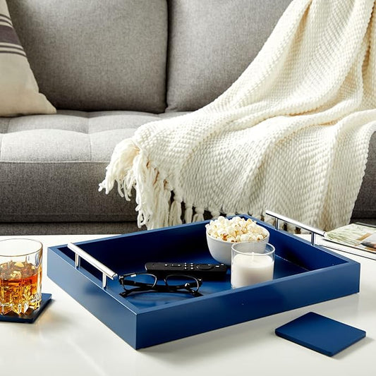 Juvale Coffee Table Tray - 15.7 x 11.8 x 3 in, Blue, Rustic Wood - Serving Tray with Interchangeable Gold & Silver Handles for Coffee Table Decor & Ottoman Use with 2 Coasters