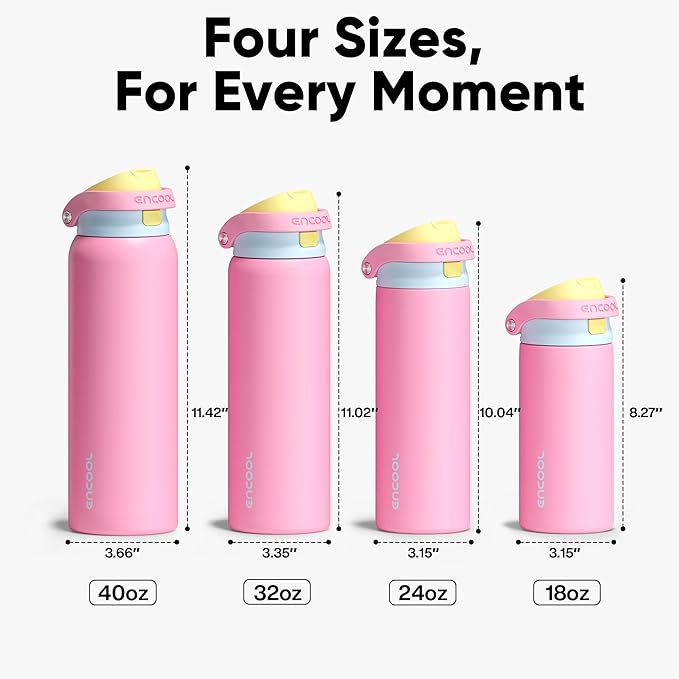 ENCOOL Leakproof Insulated Water Bottle with Straw Dual-Sip Water Bottle Bag-Safe Design for Work, Commute & Gym – Keeps Drinks Cold All Day, 24 oz, Shell Pink