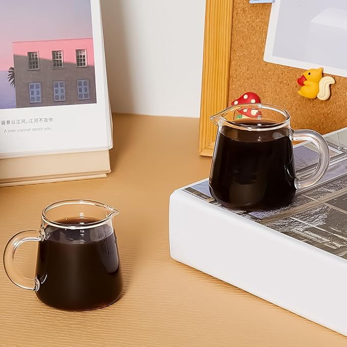 Suclain 16 Pcs Glass Creamer Pitcher 2.3 oz Mini Transparent Milk Pourer Small Glass Pitcher with Handle Carafe Coffee Mug Pot Tea Fair Cups for Table Serving Milk Coffee Tea Syrup