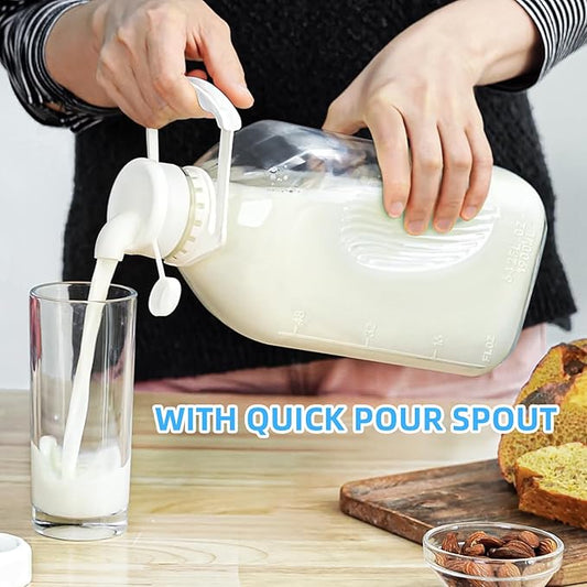 Syntic 2 Qt Glass Milk Bottle with Reusable Strong Airtight SCREW LID, 64 Oz Glass Juice Bottles for Almond Milk, Oat/Nut Milk- 0.5 Gal Water Bottle with 2 Exact Scale Lines, Extra Handle AND Cap!