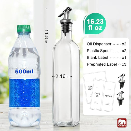 GMISUN Olive Oil and Vinegar Dispenser Bottle Set, 2 Pack Oil and Vinegar Dispenser Bottle, 17oz Kitchen Oil Dispenser, Glass Cooking Oil Dispenser, Clear Glass Bottles for Oil with Funnel and Labels