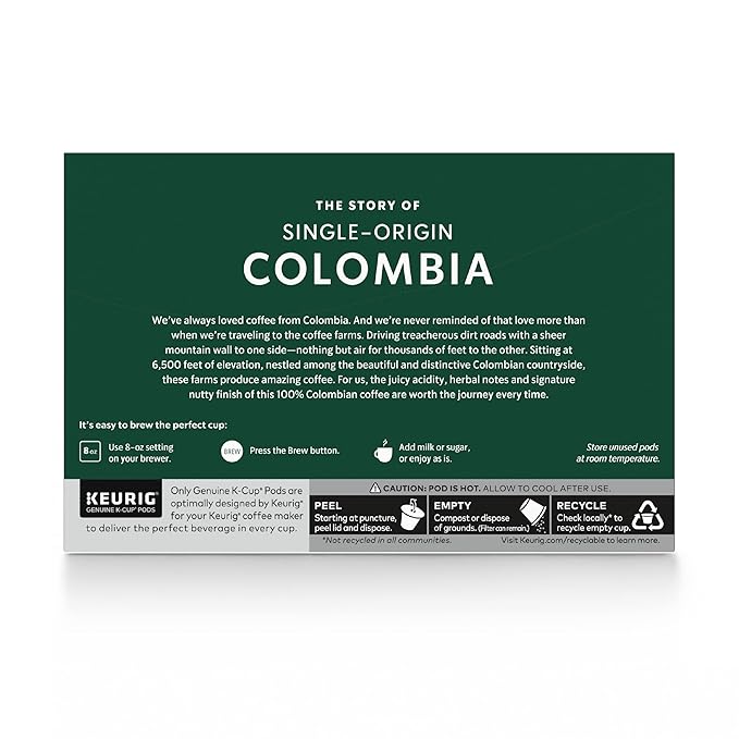 Starbucks K-Cup Coffee Pods, Medium Roast Coffee, Colombia, 100% Arabica, 1 box (10 pods)