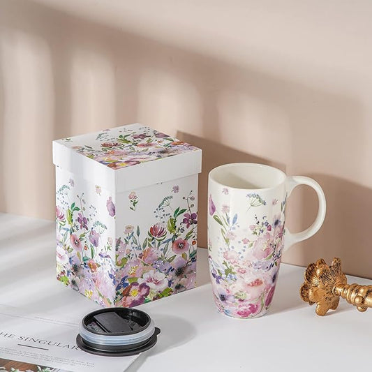 Topadorn Coffee Ceramic Mug-Porcelain Cup,Latte Tea Mug With Lid-17oz,Novelty Coffee Mugs for Men Women Office & Home