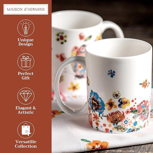 Maison d' Hermine Coffee Mug with Handles Fine Bone China Mugs Pack of Two Tea Cups for Hot Beverages Cappuccino Latte Home Restaurant Office Perfect for Gift (Happy Florals - High Summer, 15 Ounce)