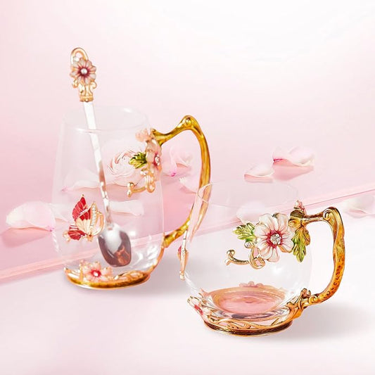 Flower Tea Cup,Clear Glass Fancy Coffee Mug with Spoon,Gift Box for Her Mom Wife Grandma Girls Friends Valentines Christmas Birthday Present Idea for Juice Milk Hot And Cold Drinks Use