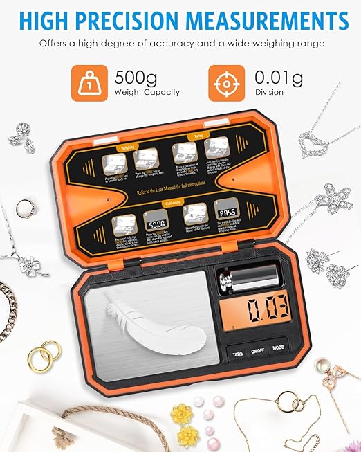 AMIR Digital Pocket Scale, High-Precision 500g x 0.01g Mini Gram Scale with LCD Display, Digital Food Scale with Tare Function, 6 Unit Conversion for Food, Jewelry, Coins, Coffee