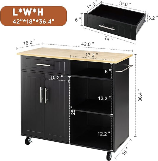 SUNLEI Kitchen Island Cart on Wheels with Storage Cabinet & Drawer, 42" Multifunction Kitchen Cart Cabinet with Shelves, Cart Handle for Towel Rack or Free Mobility,Black
