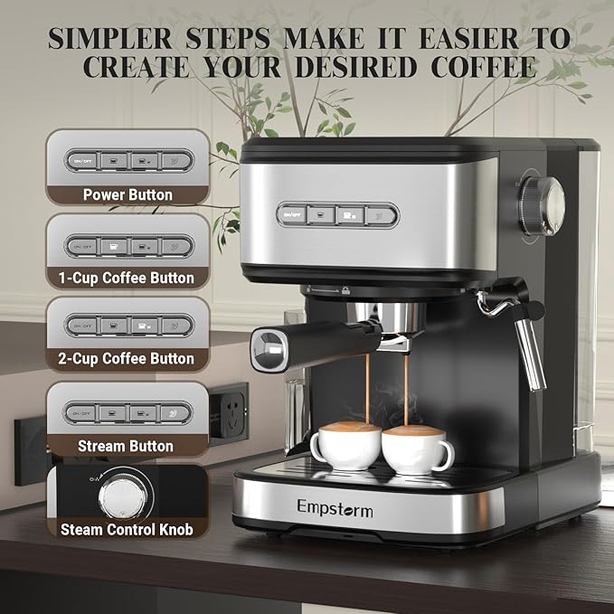 Espresso Machine 20 Bar, 2 in 1 Espresso Maker with Milk Frother Steam Wand for Latte and Cappuccino, Powder and Capsule Portafilter, 50oz Removable Water Tank expresso Coffee Machine for Home-Silver