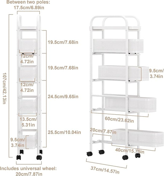 UMDONX Slim Storage Cart 5 Tier with Pull Out Basket Bathroom Organizer Rolling cart, Rolling Utility Cart Slide Out Organizer for Kitchen, Bathroom, Laundry White
