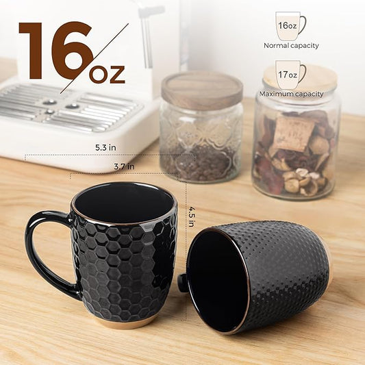 GBhome Large Coffee Mugs Set of 4, 16oz Handmade Embossed Coffee Mugs Set with Large Handle for Cappuccino/Latte/Tea/Hot Cocoa, Dishwasher & Microwave Safe, Black