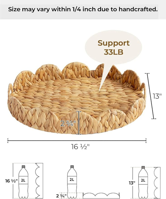StorageWorks Elliptical Wicker Scalloped Tray, Rattan Serving Trays with Handles, Water Hyacinth Basket for Decorative & Organizing, 16.5" L x 13" W x 2.8" H