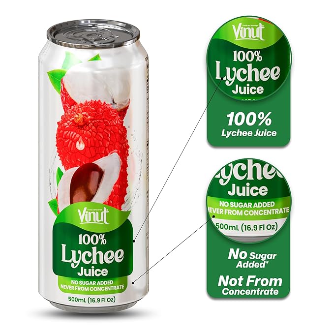 VINUT 100% Lychee Juice, No Added Sugar, Not From Concentrate, 16.9 fl oz (500 mL) Can, Pack of 24