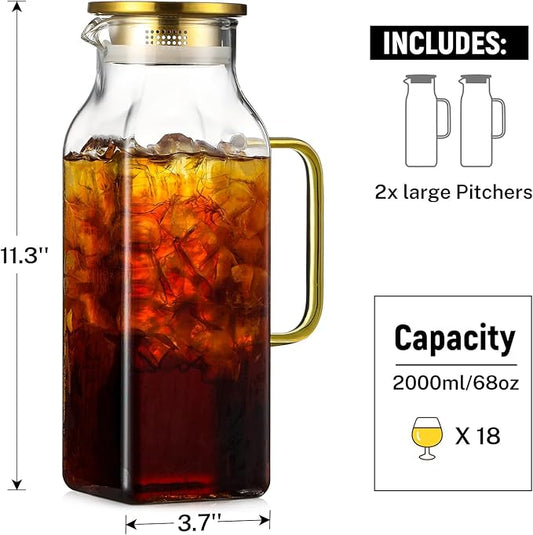 2 Quart (2 Liter 68 oz) Square Glass Pitcher with Lid and Spout, Water Pitchers with Handle for Fridge, Borosilicate Glass Carafe for Hot/Cold Drink, Large Jug for Iced Tea, Coffee, Beverage, Cold