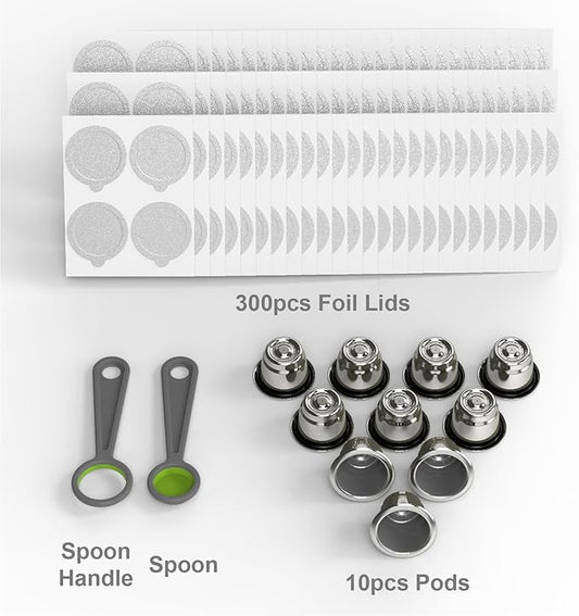 10pcs Reusable Capsules for Nespresso OriginalLine - Refillable Coffee Pods Stainless Steel Cups Compatible for Nespresso OriginalLine Machine (10pods+300Lids)