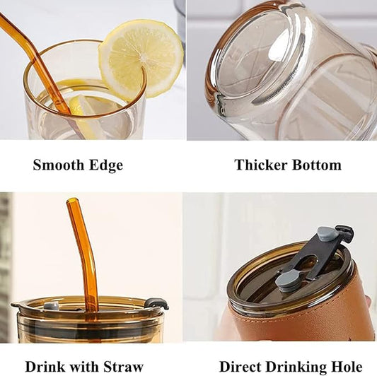 13 oz Tumbler Water Glass, Water Bottle with Straw and Dustproof Lid, Coffee Ice Cup Double Wall Insulated Glass Cup (Amber-4pack)