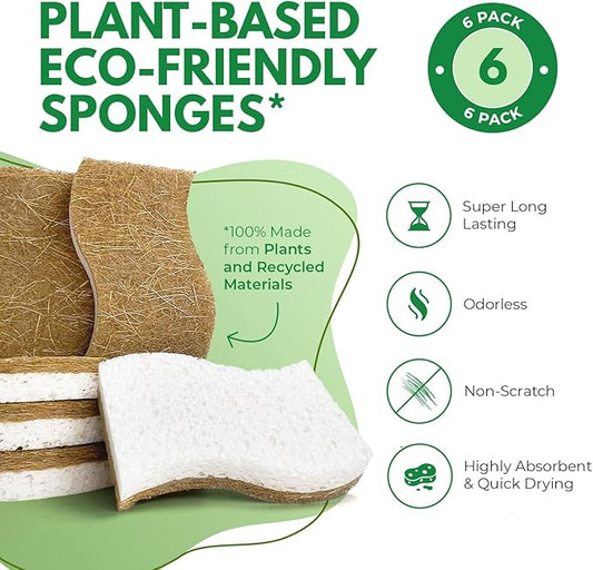 AIRNEX Biodegradable Natural Kitchen Sponge - Compostable Cellulose and Coconut Walnut Scrubber Sponge (6 Pack)