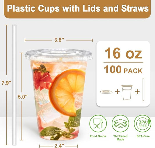 Clawsoff 16 oz 50 Pack Plastic Cups with Lids and Straws, Sturdy Food Safe Iced Clear Coffee Cups Disposable Smoothie Cups for Cold Drinks