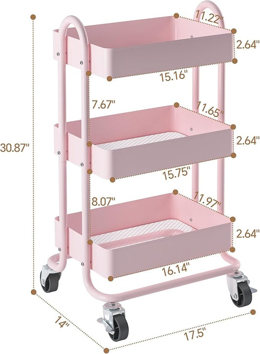 MIOCASA 3-Tier Metal Utility Rolling Cart, Heavy Duty Multifunction Cart with Lockable Casters, Easy to Assemble, Suitable for Office, Bathroom, Kitchen, Garden