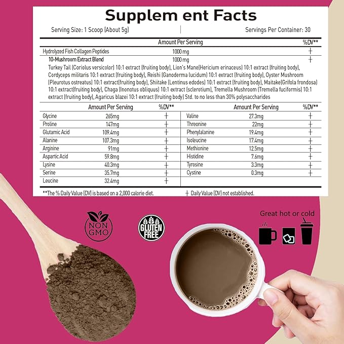 Mushroom Coffee with Collagen, 10 Mushroom Extract Powder Blend Lion's Mane, Brain Supplements with Instant Coffee for Energy, Focus, Skin and Immunity 150g 30 Serving