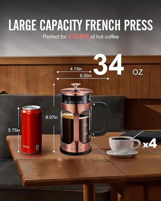 BAYKA 34oz 1 Liter French Press Coffee Maker, Coffee Lover Gifts Basket Set, Heat Resistant Thickened Borosilicate Glass Stainless Steel Brewer, Cold Brew Cafetera Teapot for Kitchen, Copper