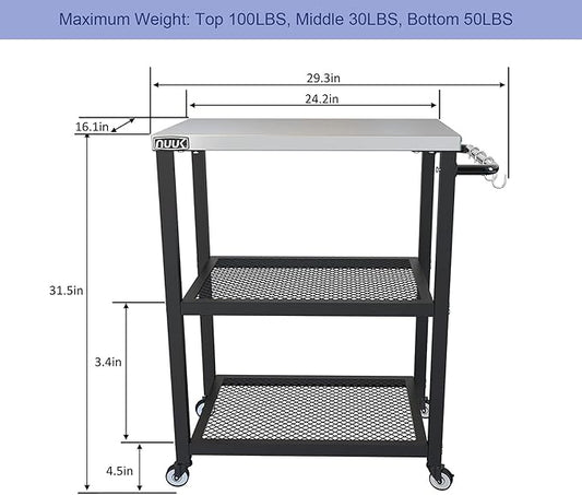 NUUK Three-Shelf Rolling Outdoor Dining Cart Table, 16" x 24" Stainless Steel Commercial Multifunctional Kitchen Food Prep Worktable on Wheels