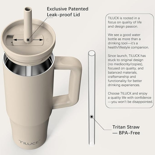 TILUCK 30 oz Tumbler with Handle, Vacuum Insulated Stainless Steel Travel Mug with 100% Leak-Proof Silicone Straw Lid, Cupholder Friendly Water Bottle(MistyGray, 30oz)