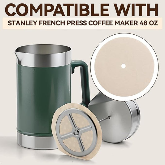 Paper Coffee Filters Compatible with Stanley French Press, 100 Pcs Disposable Perforated Brown Filter Paper for Stanley Coffee Maker 48 oz