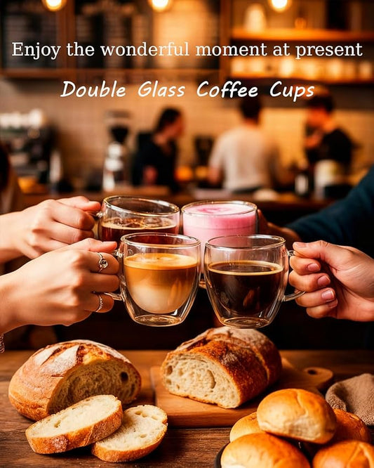 Glass Coffee Cups Set Of 2-8.5oz Double Walled Glass Coffee Mugs with Handle,Clear Insulated Borosilicate Glass Mug,Suitable for Cappuccino,Tea,Latte,Hot Beverage and Wine (2 pack 8.5oz)