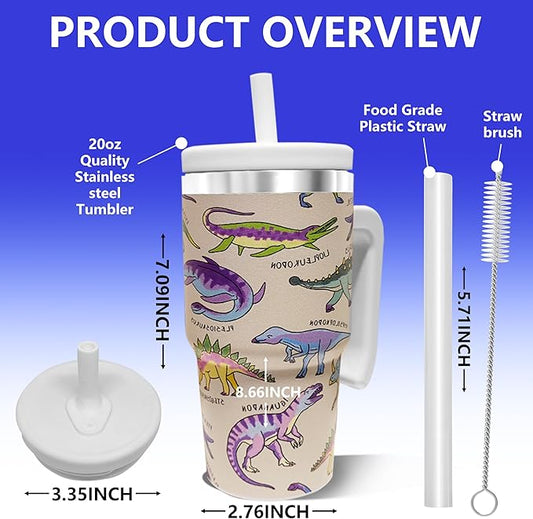 20-OZ Insulated Water Bottle,Insulated Stainless Steel Tumbler,Reusable Cold Drink Thermos,BPA-Free, Double-Wall Stainless Steel Water Bottle (Cream-Dinosaur, 20, Fluid Ounces)