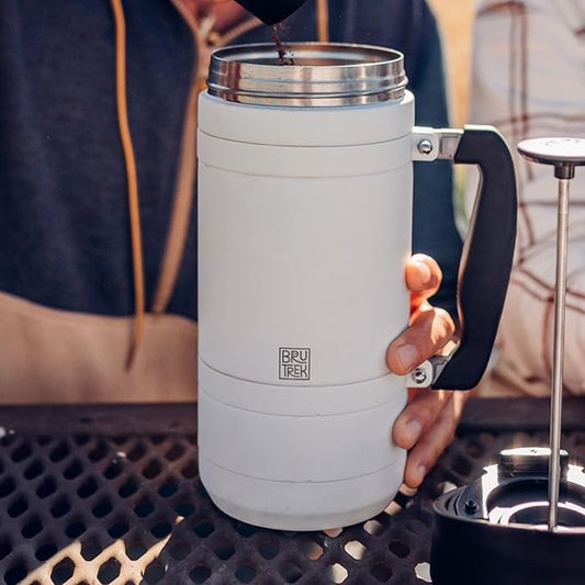 BruTrek Basecamp Coffee Press - Double Wall Vacuum Insulated Stainless Steel - Bru-Stop Technology, No Grounds in Coffee, No Spill Lid (Snowflake White, 32 fl.oz)