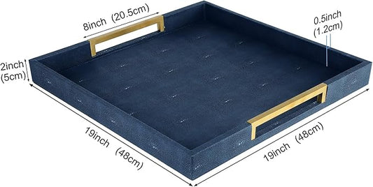 HofferRuffer Faux Leather Serving Tray with Gold Metal Handles, Stylish Decorative Tray Organizer for Coffee Table, Ottoman, Home Decor and Serving (Blue Shagreen, 18.9" x 18.9" x 2")