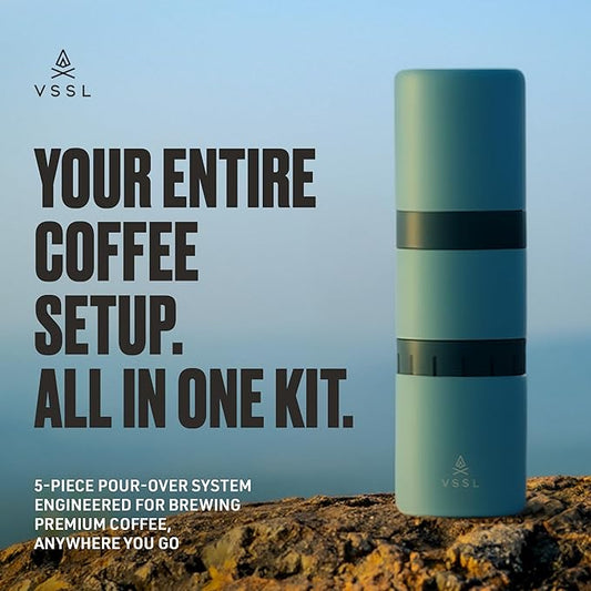 VSSL - Nest Pour Over Coffee Kit | Coffee Maker for Camping | All-In-One Travel Pour Over | Transportable Dripper, Two 10oz Stainless Steel Travel Mugs | Compact Storage & Adventure Ready | Everglade