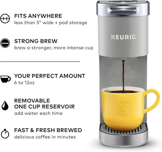 Keurig K-Mini Plus Single Serve Coffee Maker – Slim 5-Inch Design, 6–12oz Brew Size, Pod Storage & Cord Wrap – Gray (Renewed)