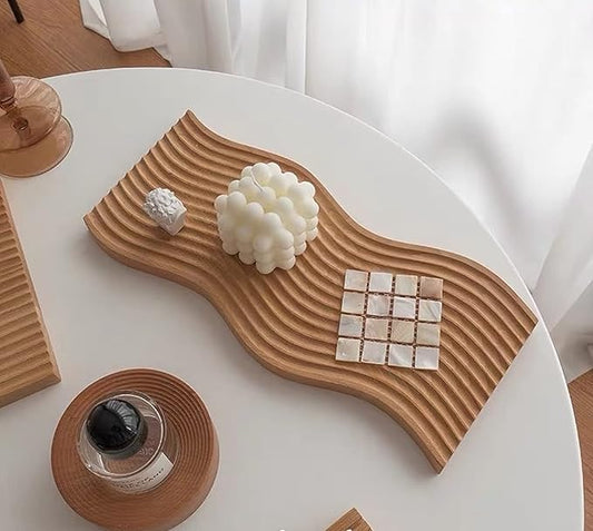 BLOFLO Decorative Tray Wave Shaped Natural Wooden Trays for Decor, Rustic Wood Serving Tray, Wood Decorative Trays for Coffee Table, Crystal Tray for Stones, Ottoman Tray for Living Room Home Kitchen