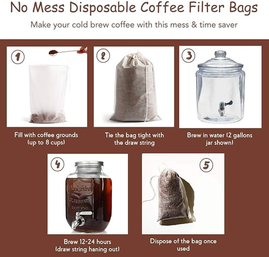 HOMYHEE Disposable Cold Brew Coffee Filters - 50 Count Single Use Filter Sock Packs Fine Mesh Brewing Bags for Concentrate, Iced Coffee Maker, French/Cold Press Kit, Tea in Mason Jar, 8 x 12 Inches