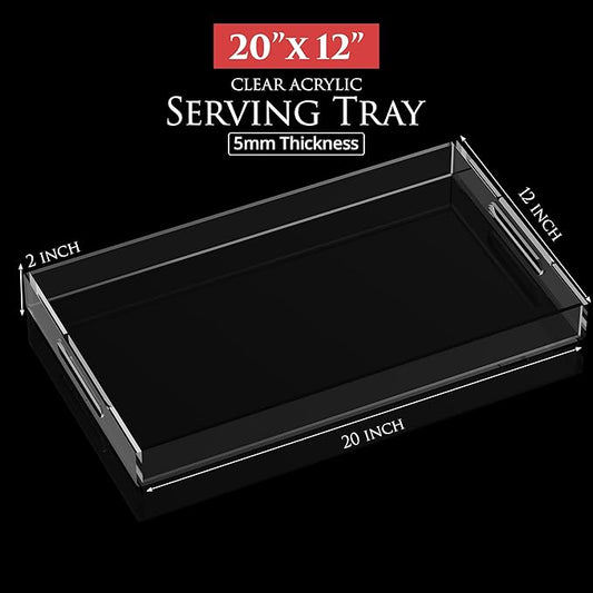 Acrylic Tray 20x12 with Cut Handles - Spill Proof Decorative Tray is an Ideal Countertop Organizer for Living Rooms, Ottoman Coffee Tables, Offices, Kitchens & Serving Guests